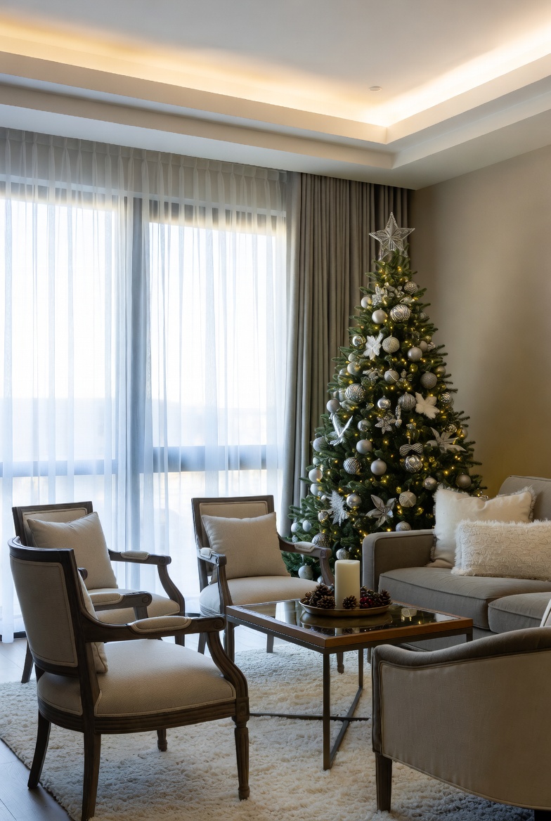 Elegant winter holiday decoration setup in a modern living room