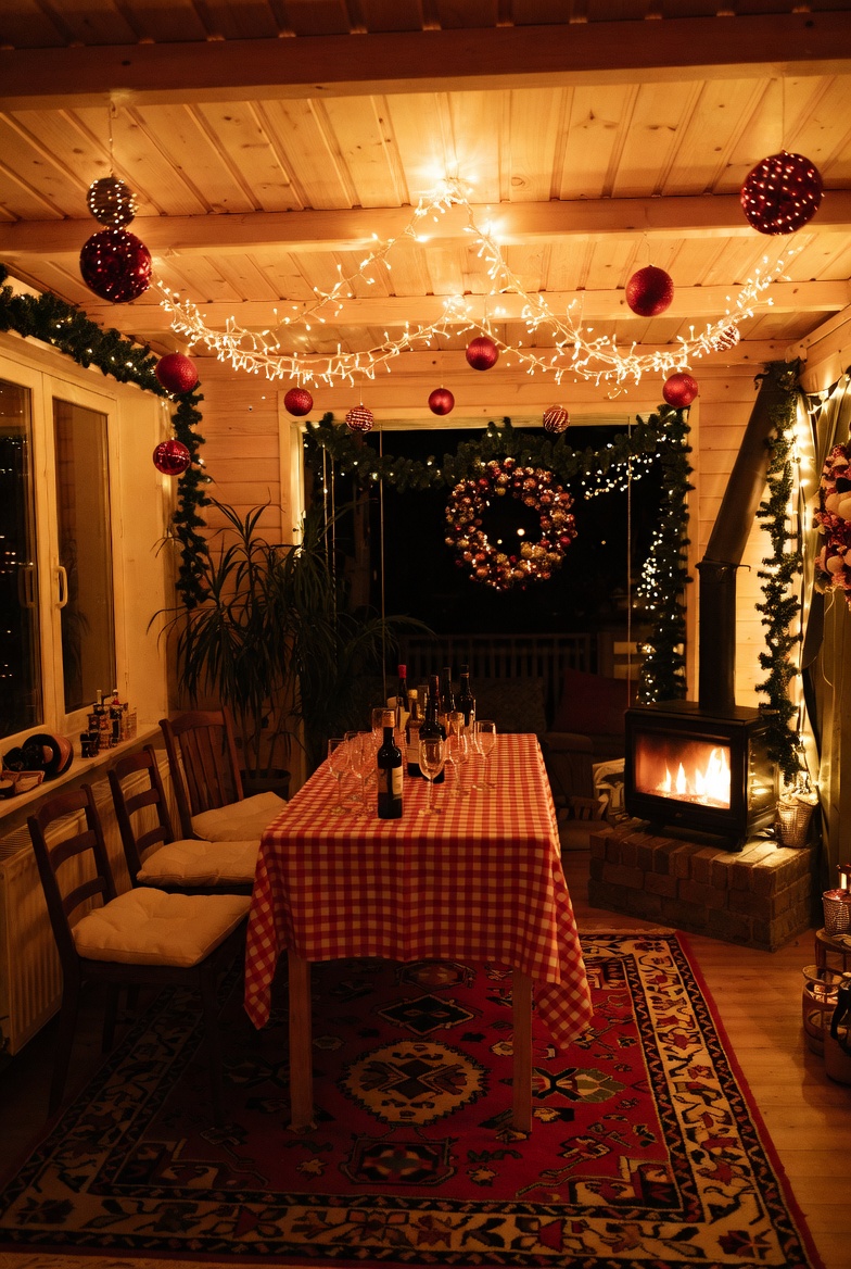Intimate holiday gathering space with cozy decorations