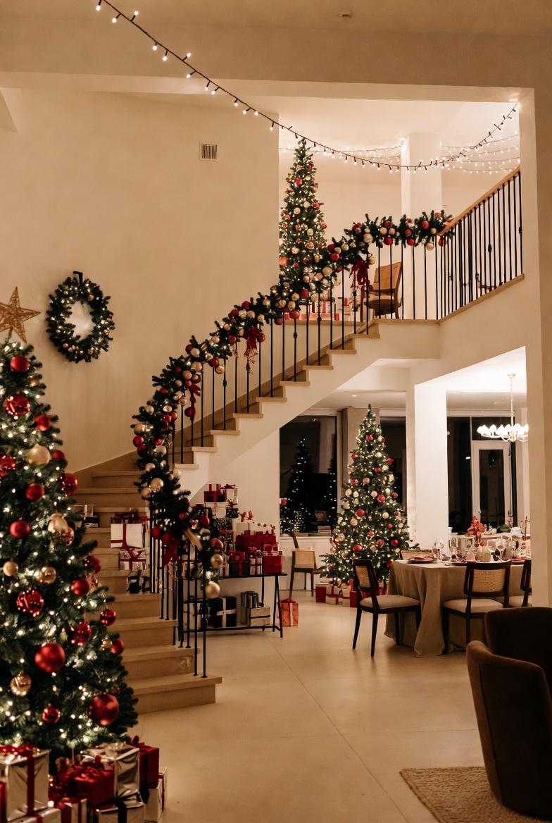 Grand holiday celebration setup with multiple decoration zones