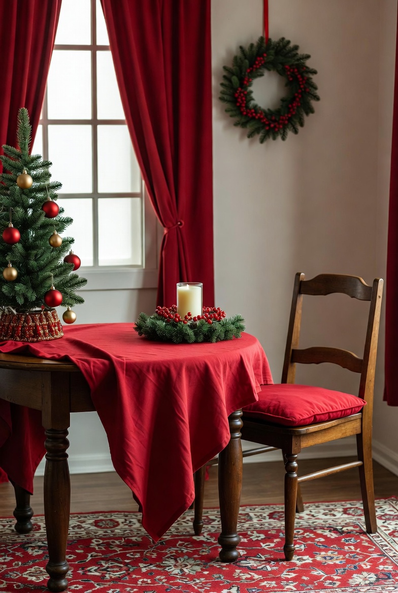 Elegant holiday decoration setup with festive furniture and seasonal accents